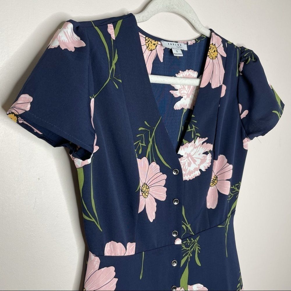 JustFab || pink floral navy fit and flare dress - Picture 5 of 10